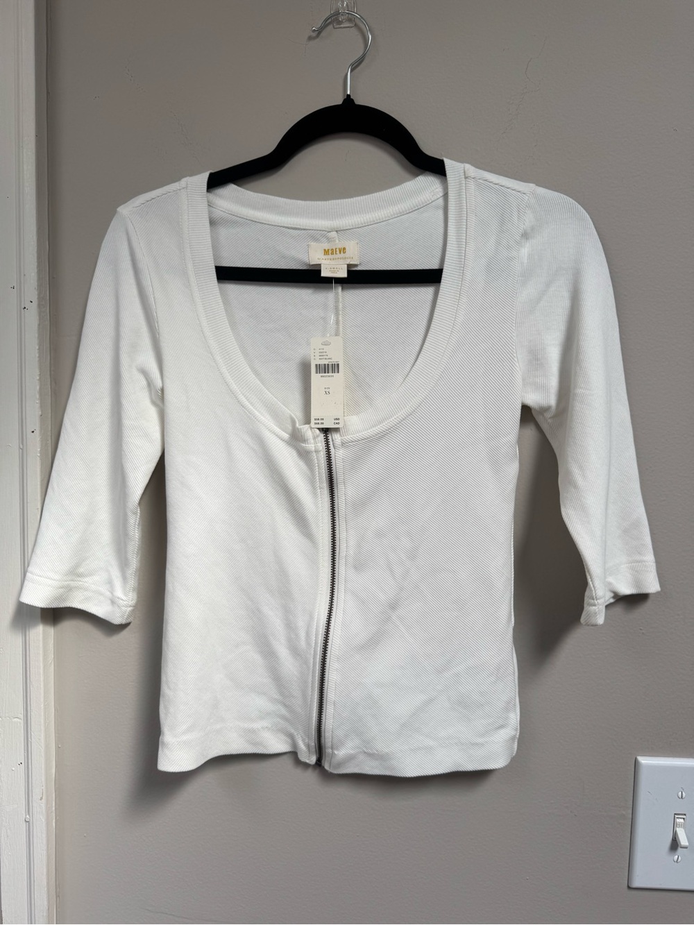 Maeve Anthropologie White Ribbed Zip Front Scoop Neck 3/4 Sleeve Top XS